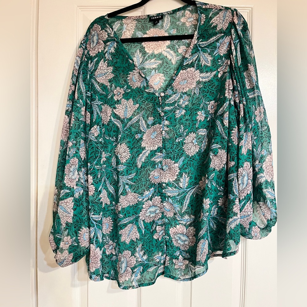 torrid Teal Floral Button-Front Blouse